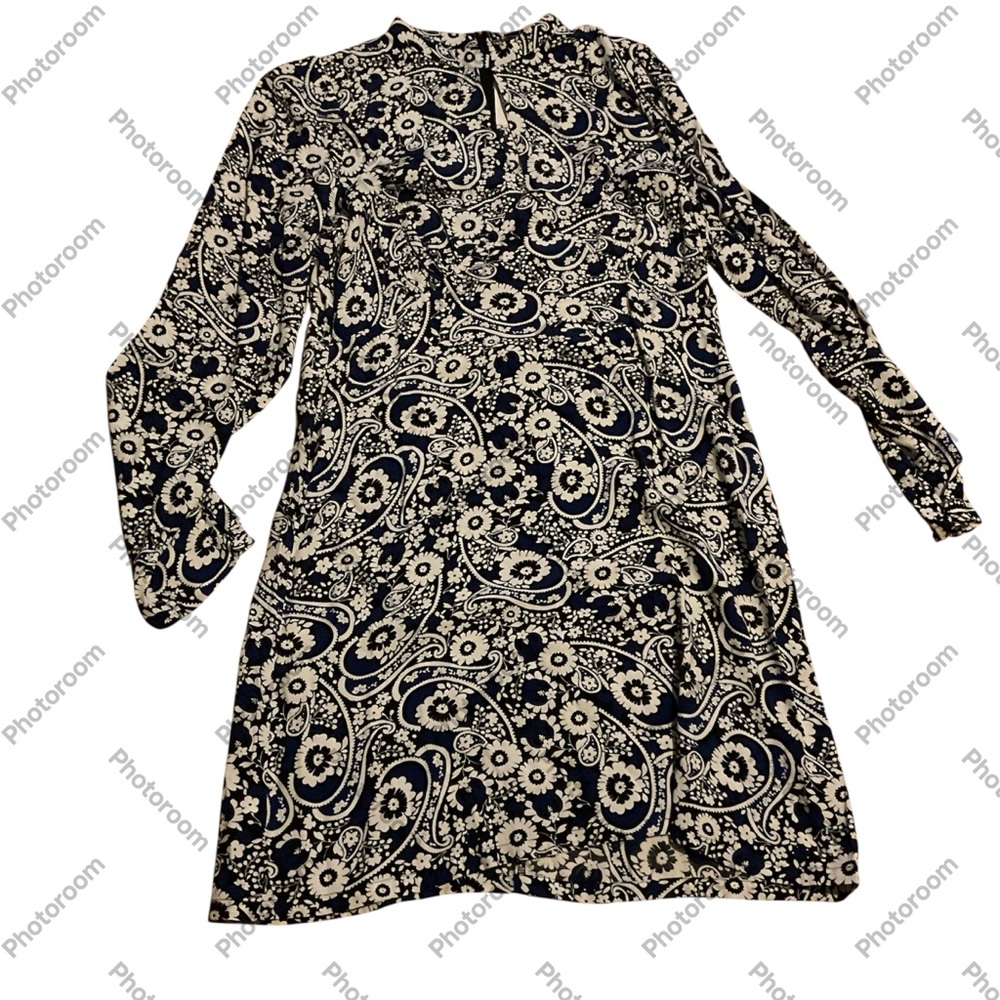 LOFT Black and White A-line Dress with Bishop‎ Sleeves nwt